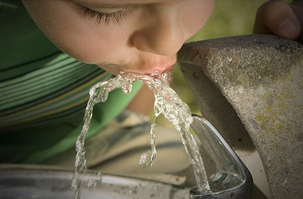 boy drinking water from a fountain
