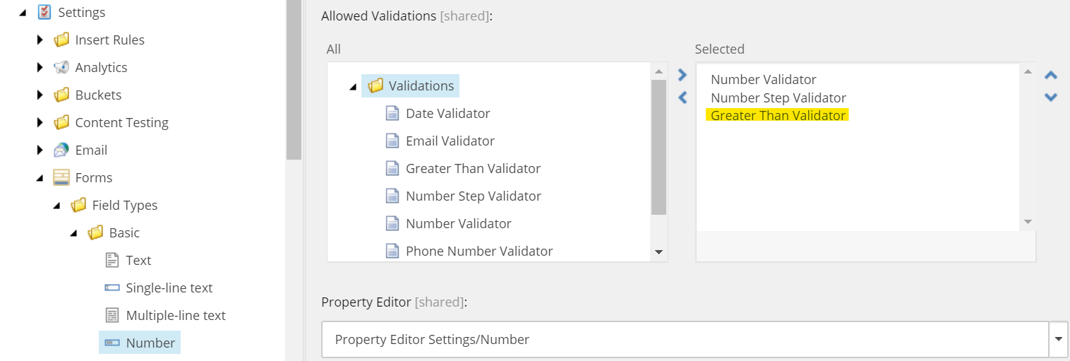 Add new Greater Than Validation to Allowed Validations field in Sitecore