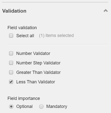 Screenshot of right panel of Forms Editor - 'Less Than Validator'