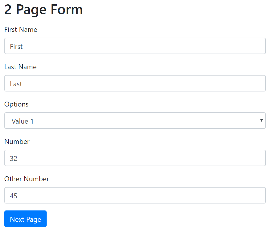 Enter values on the first page of the form