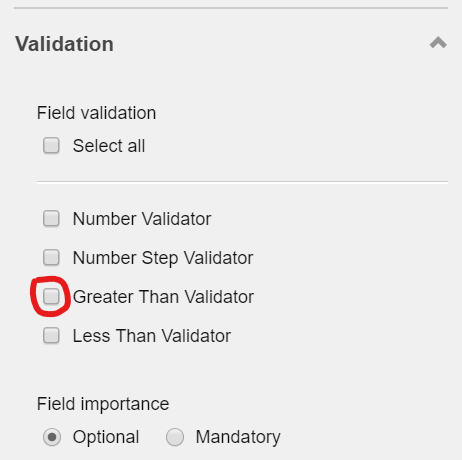 'Greater Than Validator' validation in the Validation section on the right pane screenshot