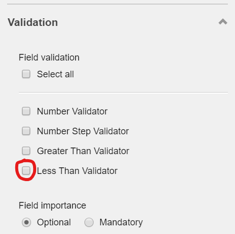 'Less Than Validator' validation in the Validation section on the right pane screenshot