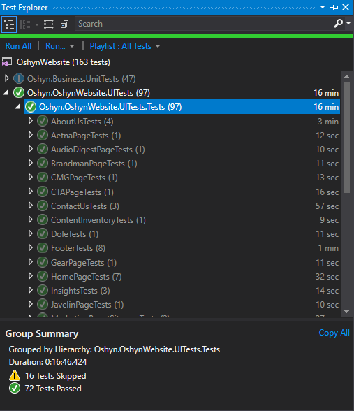 Run tests in Visual Studio Tests Explorer
