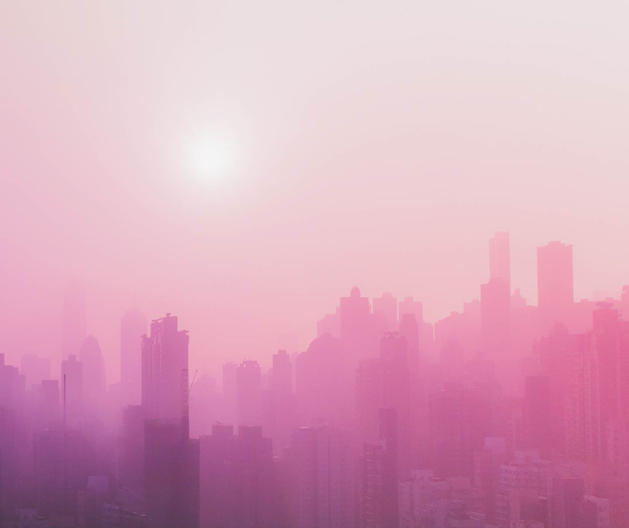 pink foggy cityscape
