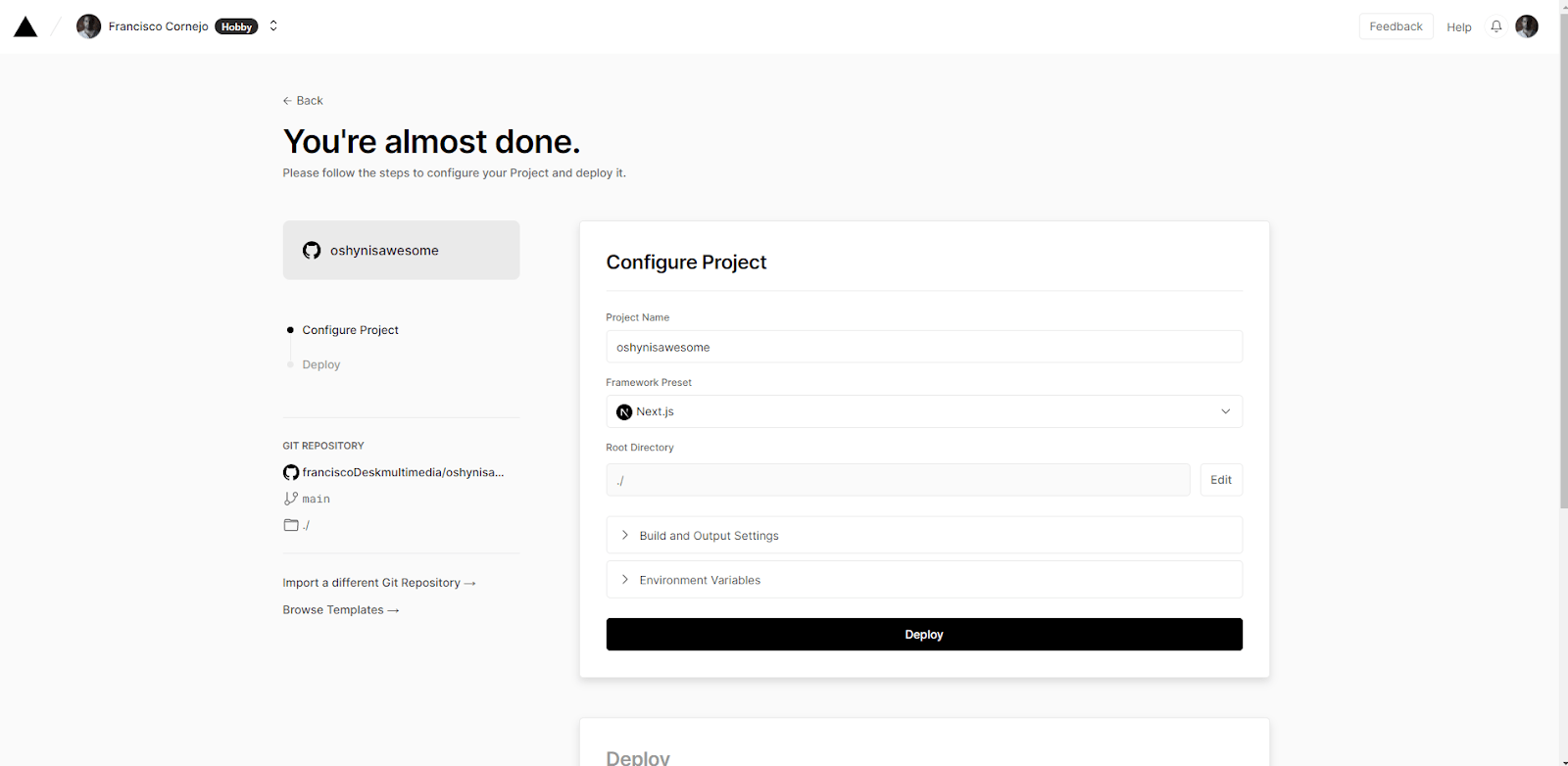 Screenshot of a Next.js deployment