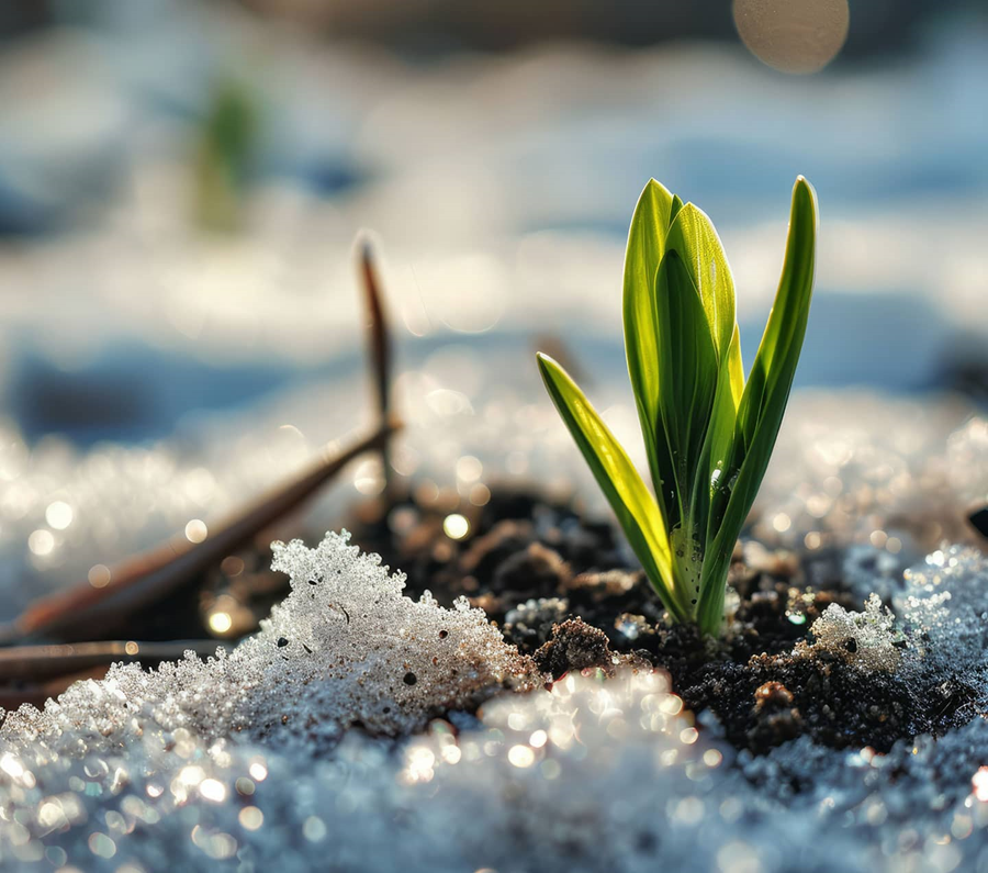 Green sprout emerging from snowy ground representing the end of a season.
