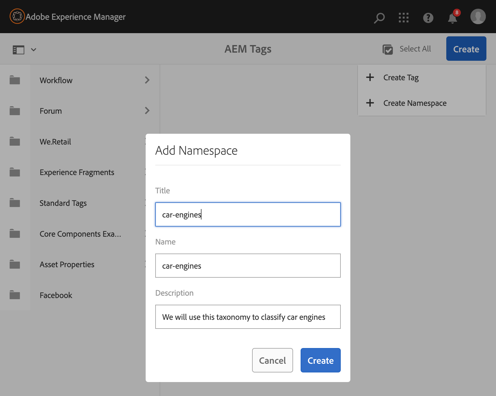 AEM Tags Add Namespace pop-up screen