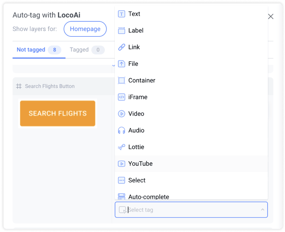 Manual selection of tag for element