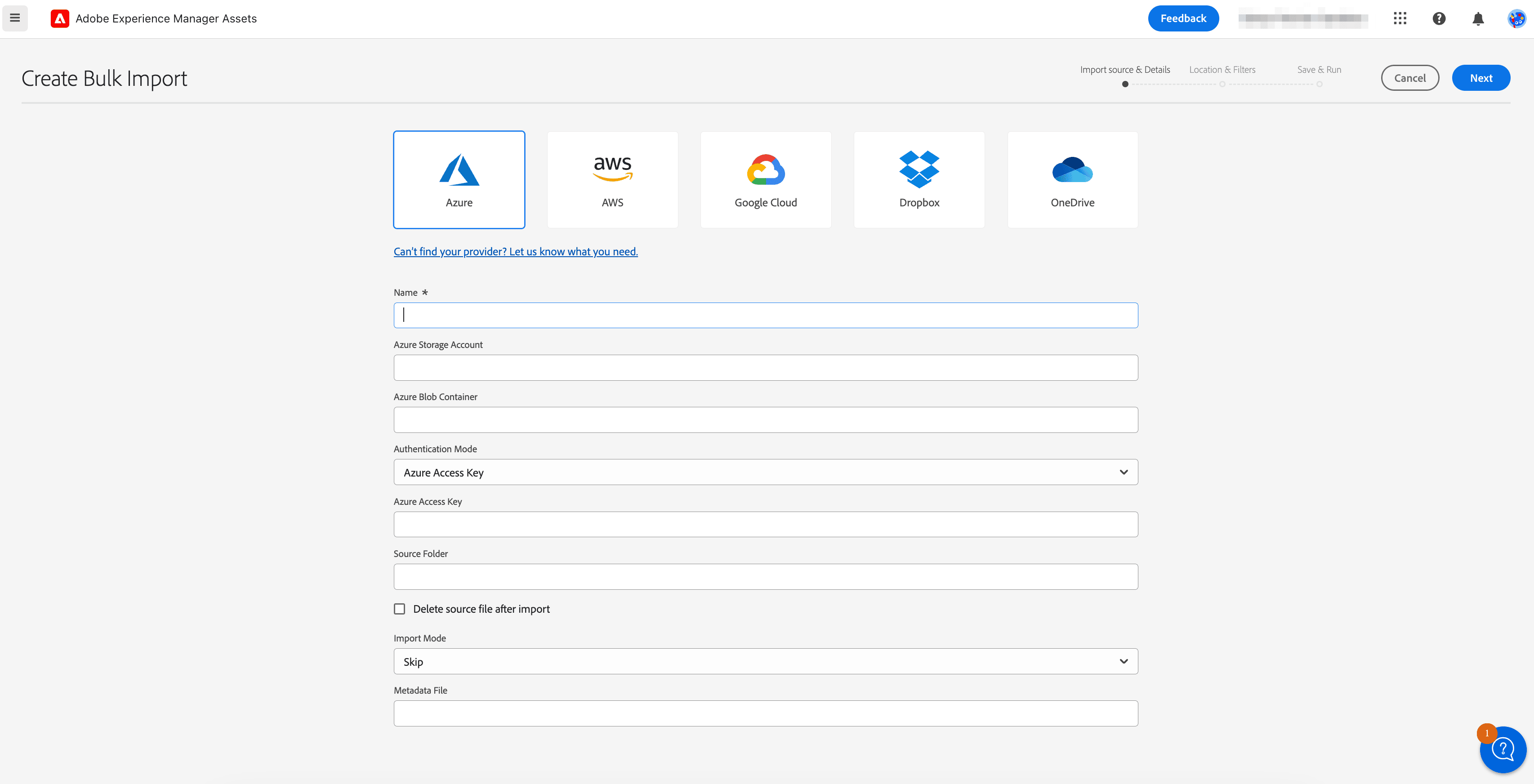 New Bulk Import Configuration screen