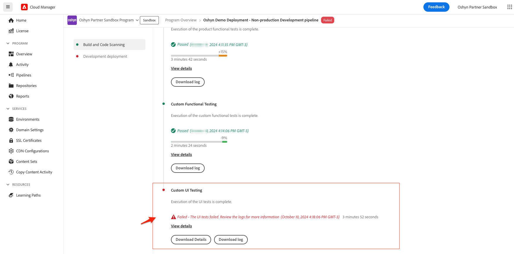 Pipeline Failure Screen Indicating UI Test Failure