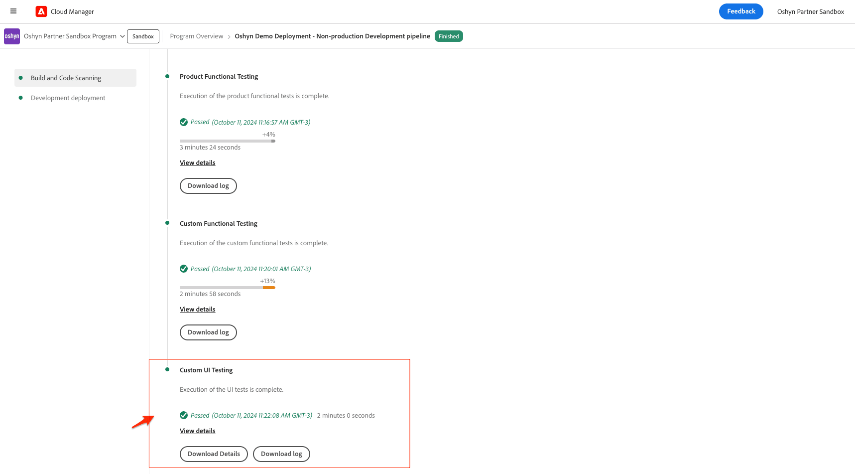 Pipeline Screen Indicating UI Test Passed