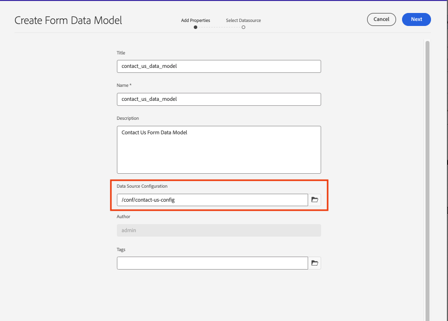 Enter Data Model title and Data Source Configuration