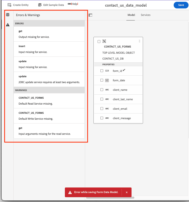 Error if saved without Services Configured