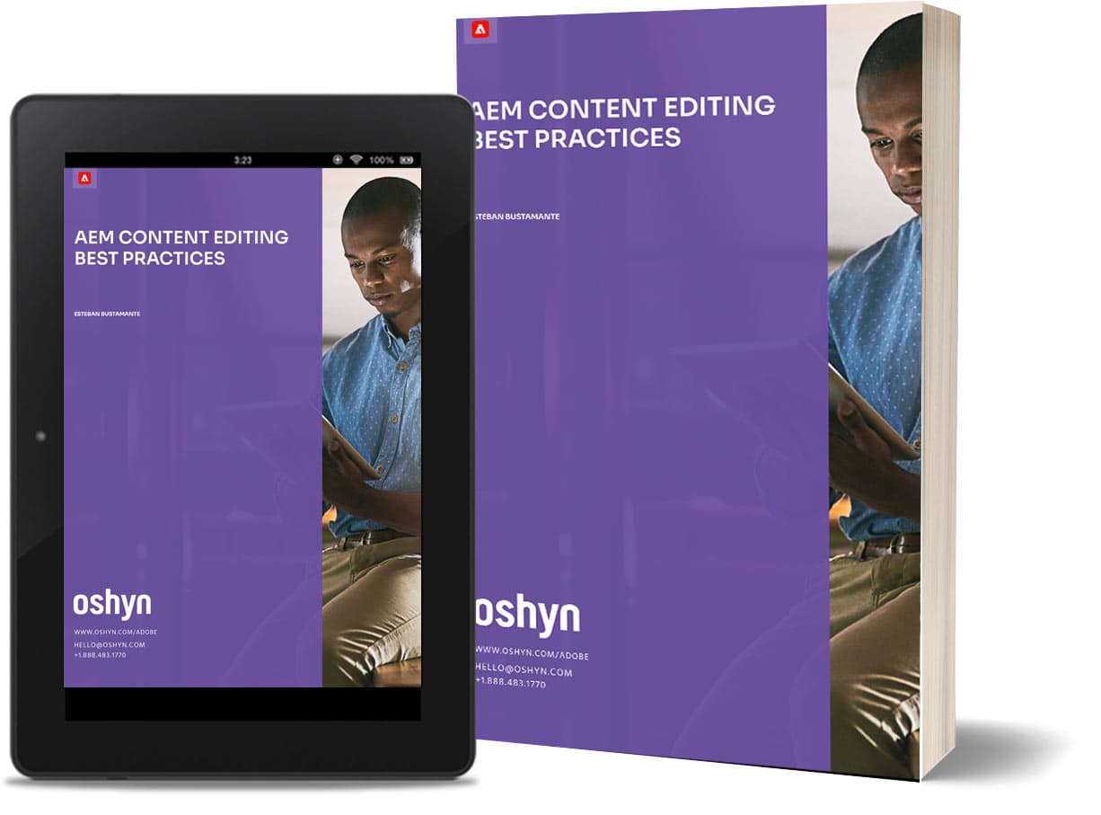 AEM Content Editing ebook on tablet and physical copy