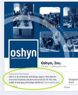 Oshyn's Facebook profile with emphasis in the about section
