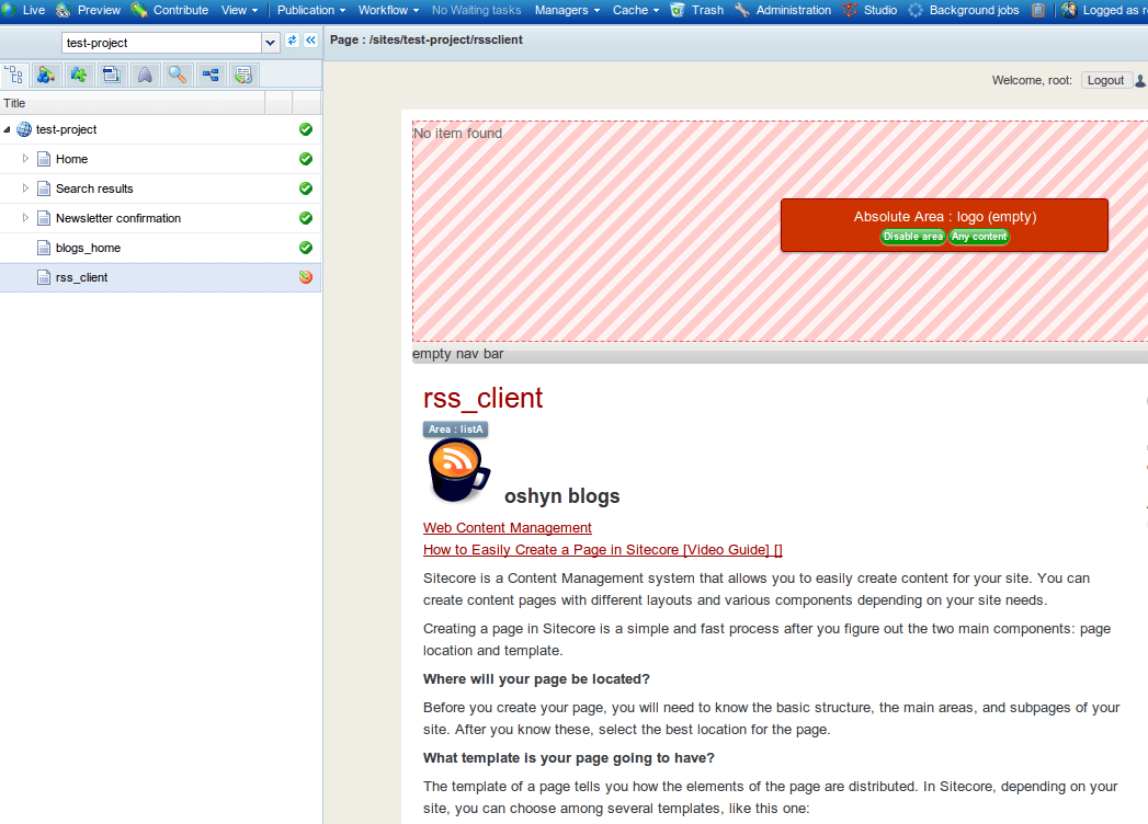 RSS items displayed on page screenshot
