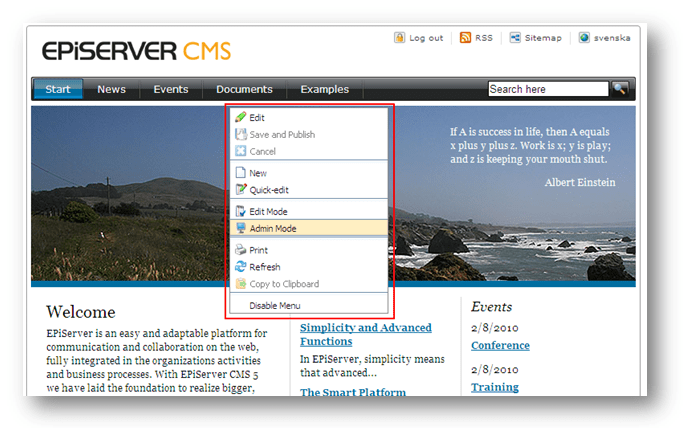 Episerver Admin Mode menu screenshot